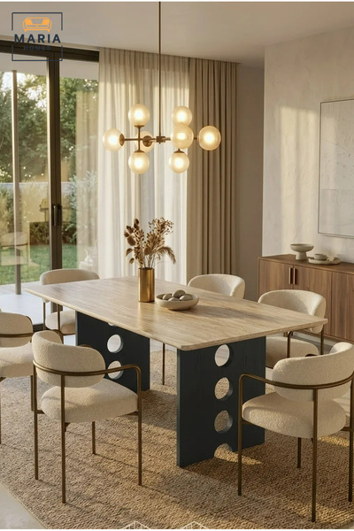 MARIA HOMES طاولة طعام مستطيلة عصرية بسطح خشبي وقاعدة مزخرفة، طاولة معاصرة لغ...