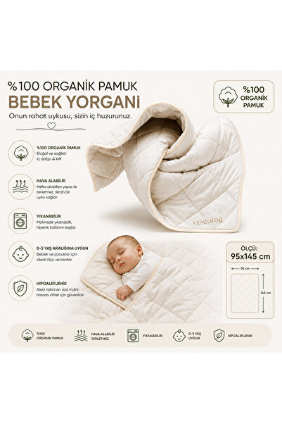 viscolog %100 Organik Pamuk Bebek Uyku Yorganı Tela çantalı (95x145cm)