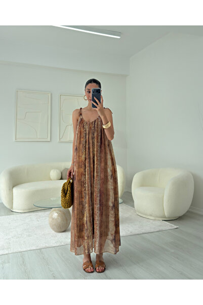 LUUNA STORE Brown Ethnic Patterned Strappy Dress