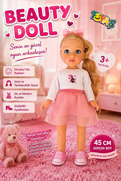 Toyaş Beauty Doll 45 cm Gerçekçi Et Bebek Uzun Saçlı Hareketli Kollu ve Bacak...