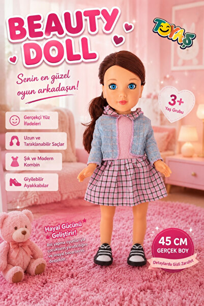 Toyaş Beauty Doll 45 cm Gerçekçi Et Bebek Uzun Saçlı Hareketli Kollu ve Bacak...