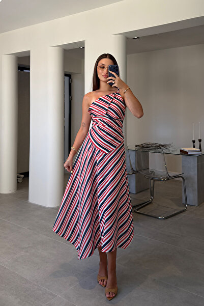 MAGARDE Asymmetric Collar Striped Dress - Red