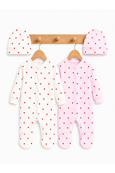 Tontiny Heart Patterned 100% Cotton Jumpsuit & Hat Set, 2-Piece Sleep Sack Se...