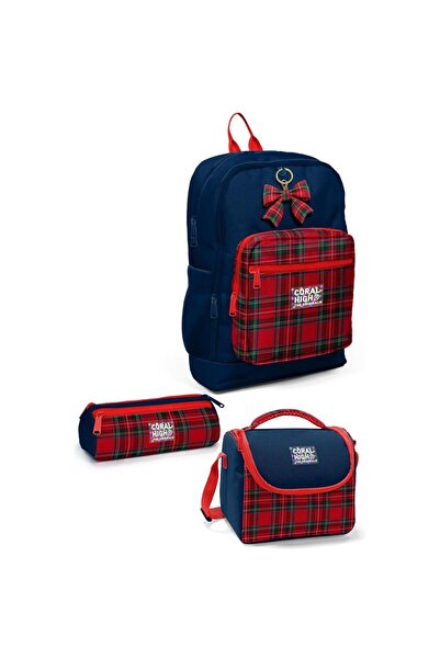 Coral High Navy Blue Plaid Bow Patterned 3-Piece School Bag Set 33207