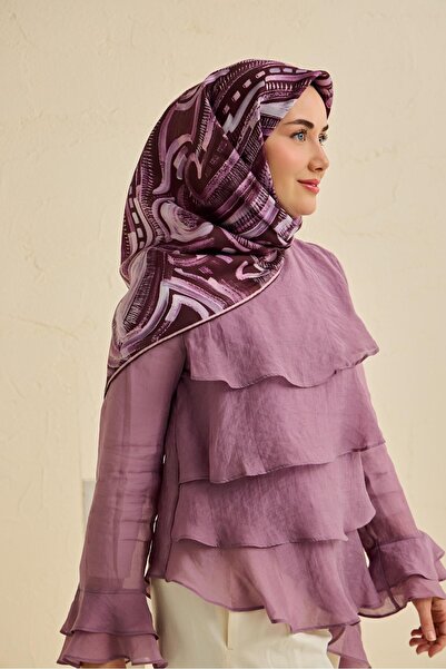 Silk Home وشاح حرير تويل بنمط تجريدي بلون البرقوق 90x90
