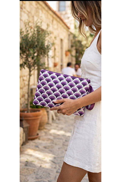 Genel Markalar Pul ve Boncuk İşlemeli Mor Clutch