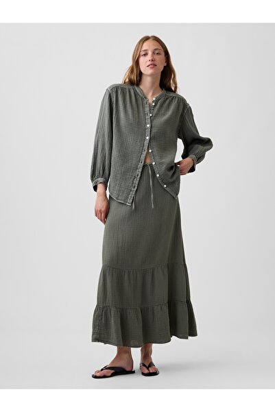 GAP Kadın Haki Pamuk Gauze Tiered Easy Maxi Etek