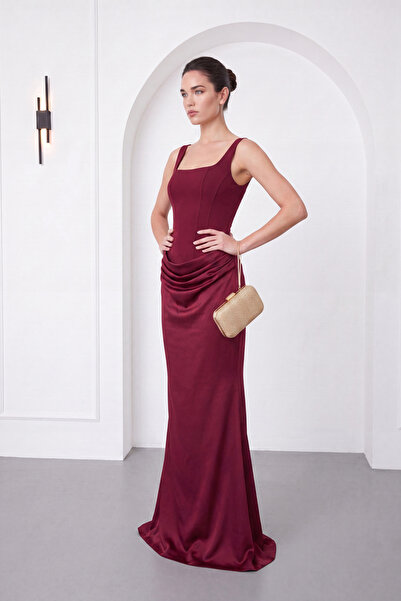 Lafaba Women's Burgundy Square Neck Strap Long Mermaid Evening Dress