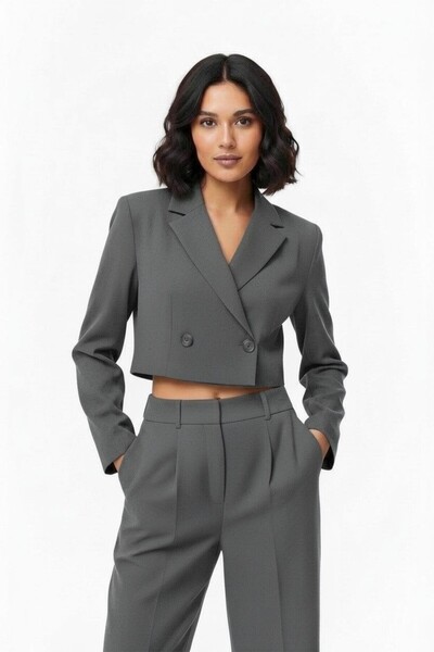 Nostos Algos Gray buttoned crop blazer jacket