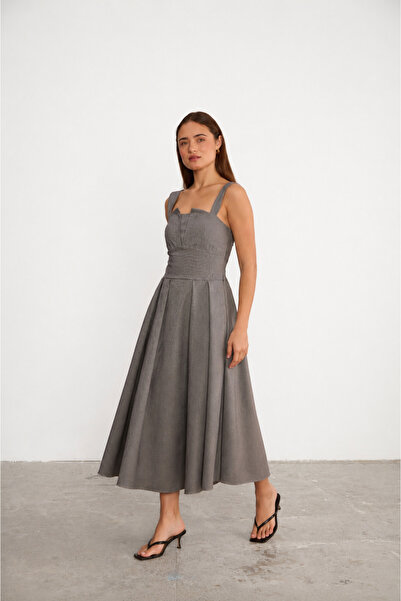 LADYA COLLECTION فستان رمادي بقصة A-line وطول متوسط وياقة مربعة