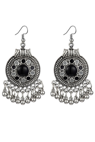 VeeShop Cercei etnici eleganti, discuri pictate, cu bilute metalice