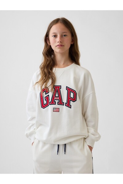 GAP Kız Çocuk Beyaz VintageSoft Terry Oversized Grafik Baskılı Sweatshirt