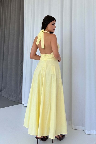 Mine Tan Butik Rochie drapată din in cu detaliu legat la gât - Galben