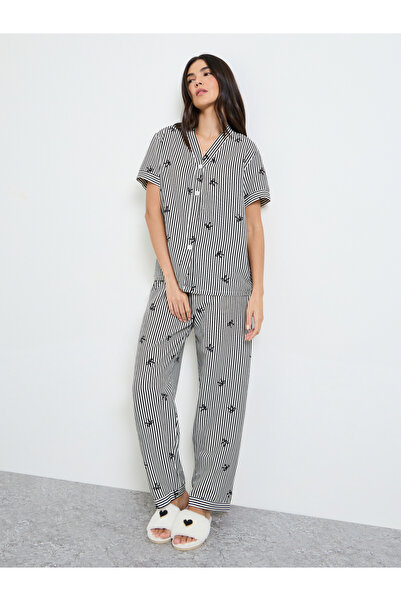 Styli Black Bow Striped Print Shirt and Pyjama Set