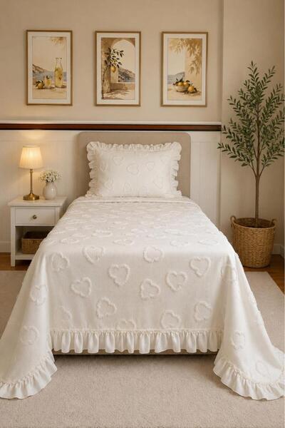 Çeyiz Diyarı Ruffle Pure Love 2 Parça Tek Kişilik Pike Takımı Krem