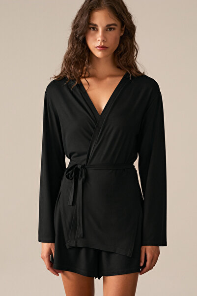 ETHIQUET Zalure Women's Soft and Flexible Fabric Waist-Tie Short Black Kimono