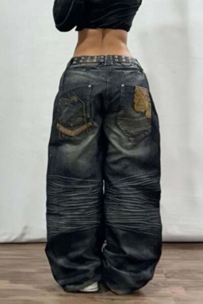 BALİNA Lacivert Vintage Eskitme Baskılı Streetwear Unisex Baggy Pantolon