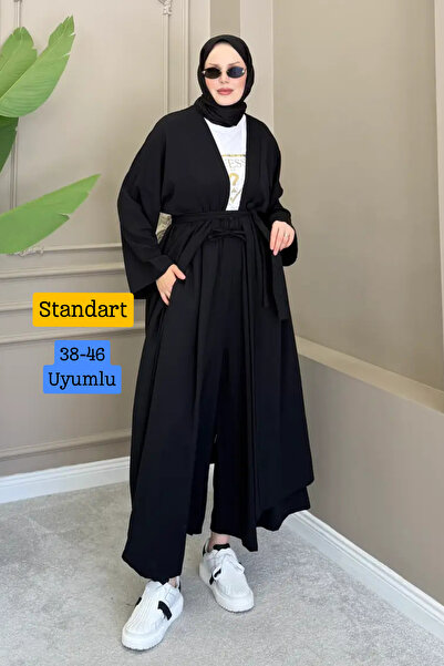 Mogi Butik طقم كيمونو نسائي طويل مع سترة وبنطلون وحزام وملابس إسلامية متناسقة...