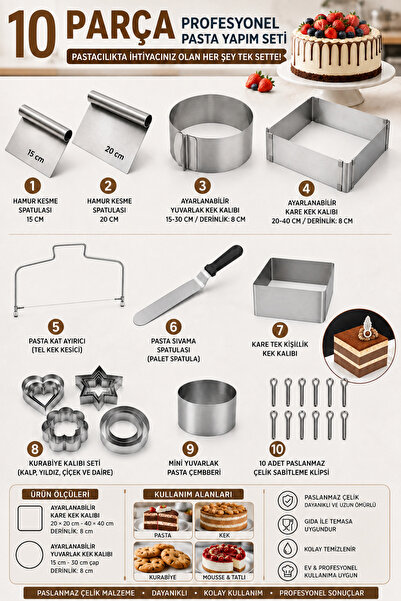 Lilasso Home Professional Pastry Tools Set 10 Pieces - All Stainless Steel