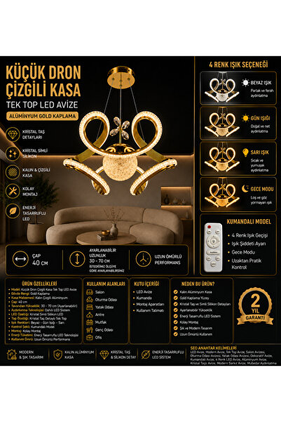 Genel Markalar Kalın Kasa Çizgili Dron TEK Toplu Gold LED Avize - 4 Renk Aydı...