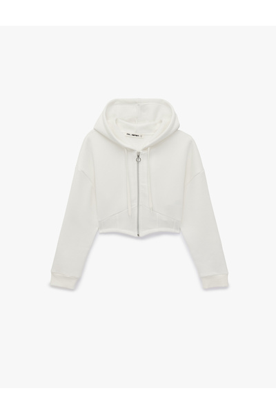 Koton Şardonlu Uzun Kollu Kapüşonlu Korse Detaylı Fermuarlı Crop Sweatshirt
