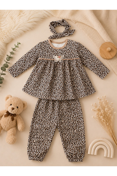 babyist Leopard Flower Detailed 3-Piece Baby Girl Set