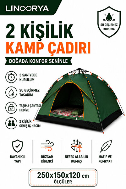 linarya 2 Kişilik Otomatik Kamp Çadırı 250x150x120 cm 3 Saniyede Kurulum Su G...