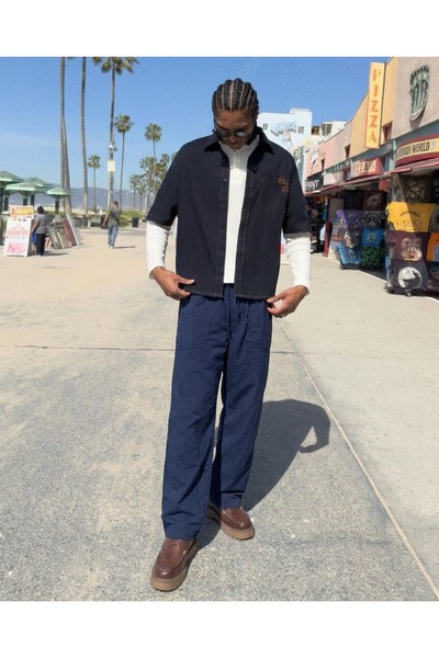 DAMGA JEANS بنطلون رجالي كتان مطاطي عالي الخصر باللون الأزرق الداكن