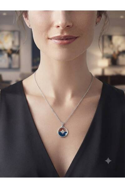 LuneraDesign Steel Necklace with North Star Figure, Navy Blue Enamel Women's Necklace, Water Resistant, Silver Color