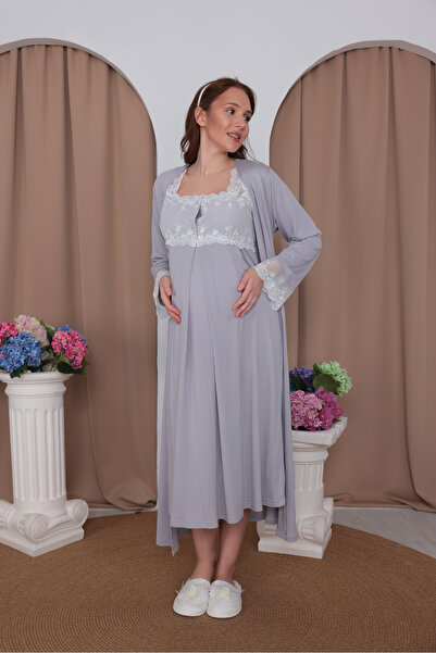 BLACKMORE Women's Gray Cotton Summer Maternity Nightgown-Dressing Gown Set wi...