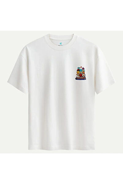 Oversize %100 Pamuk Unisex Sushi Roll Baskılı Tişört - Beyaz
