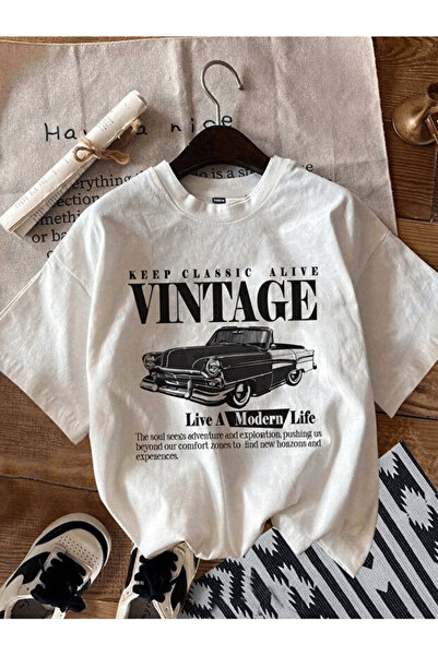 Genel Markalar Vintage Araba Baskılı Rahat Kesim Tişört