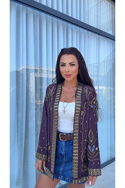 DİDEM GÜLTAKTI Luian Women's Embroidered Premium Plum Jacket
