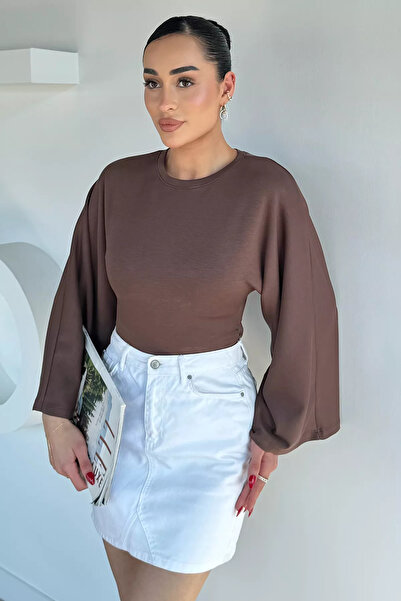 Aryena Brown Women's Bat Sleeve Waist Gathered Blouse