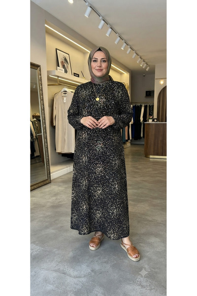 Trktn Büyük Beden Desenli Viskon Anne Elbisesi - Rahat Kesim Tesettür Elbise