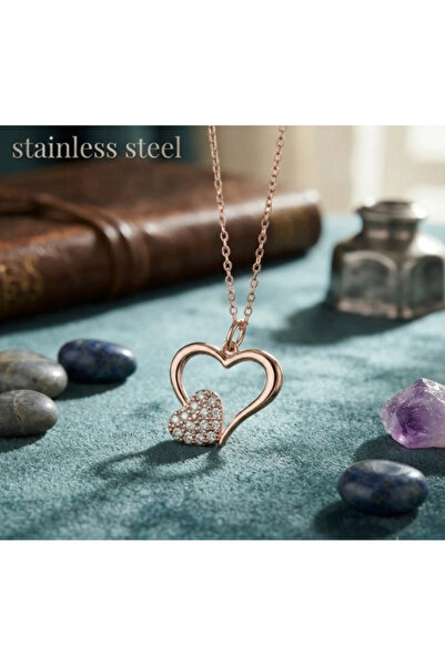 stainless steell Rose Color Heart Design Zircon Stone Non Tarnish Steel Necklace