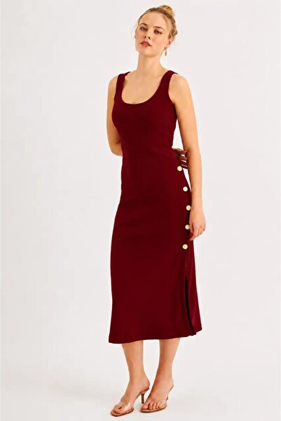 Cool & Sexy Women's Burgundy Button Detailed Camisole Midi Dress