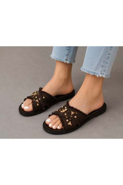 dabab shoes HELIA Γυναικείες παντόφλες με χρυσή πέτρα και λεπτομέρεια από ψάθ...