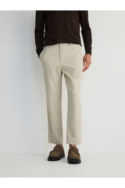 NO BRAND Pantaloni din pânză bej, cu buzunare, cu adăugare de cânepă netedă, ...