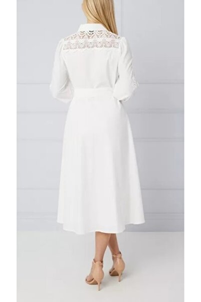 NO BRAND Rochie cămașă albă clasică simplă Midaxi cu curea Gipura Wallis 40