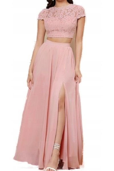 NO BRAND Set complet elegant: Top și fustă maxi, din șifon roz, brodat cu dan...