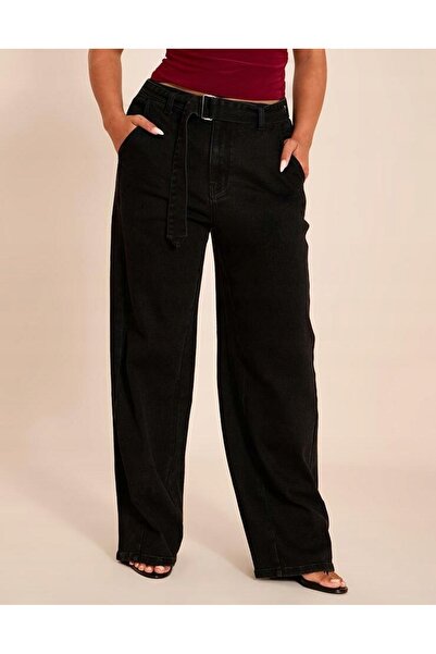 NO BRAND Pantaloni blugi negri cu picior larg, cu curea, Prettylittlething 42