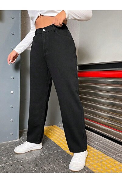 NO BRAND Blugi negri Mom Jeans cu talie înaltă, imprimeu fluturi, fermoar SHE...
