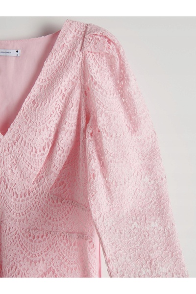 NO BRAND Rochie mini roz din dantelă florală, cu mânecă lungă și guler în for...