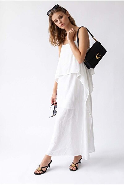 Mixray 2198 Women's Flounce Modal Lined Strap Maxi Dress White