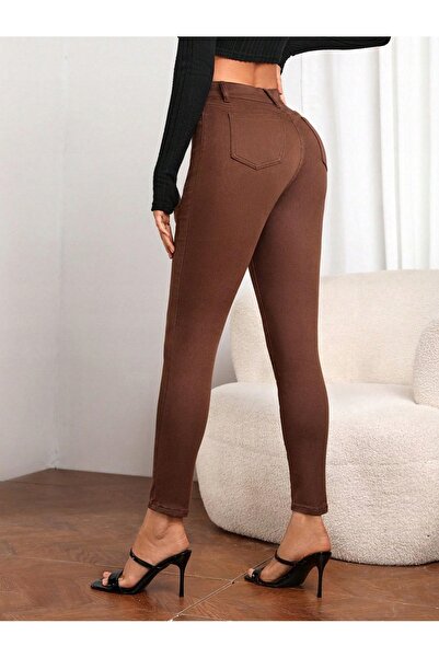 NO BRAND Pantaloni skinny din bronz, blugi, cu talie înaltă, 7/8, rupți, Shei...