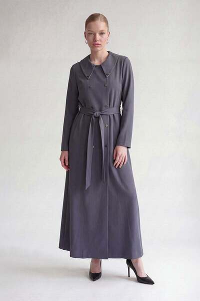Levidor Anthracite Double-Breasted Collar Detailed Robe