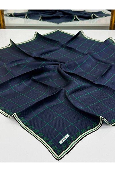 Armine Sura Silk Scarf Houndstooth, Plaid, Navy Blue, Green