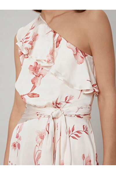 NO BRAND Rochie midi asimetrică bej cu imprimeu floral și volane 38