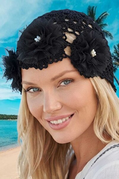 Mood Agenda Women's Floral Patterned Knitted Beanie Mesh Textured Bohemian Be...